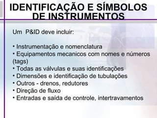 IDENTIFICAÇÃO E SÍMBOLOS
DE INSTRUMENTOS
Um P&ID deve incluir:
• Instrumentação e nomenclatura
• Equipamentos mecanicos com nomes e números
(tags)
• Todas as válvulas e suas identificações
• Dimensões e identificação de tubulações
• Outros - drenos, redutores
• Direção de fluxo
• Entradas e saída de controle, intertravamentos
 