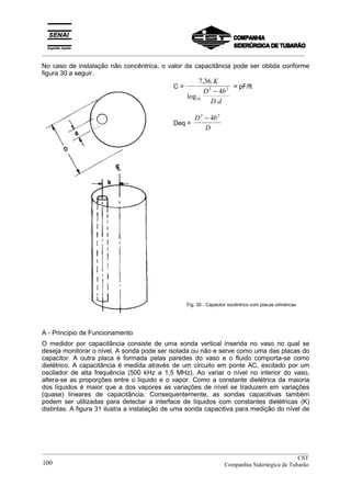 _________________________________________________________________________________________
No caso de instalação não concêntrica, o valor da capacitância pode ser obtida conforme
figura 30 a seguir.
C =
7 36
4
10
2 2
, .
log
.
K
D b
D d
−
= pF/ft
Deq =
D b
D
2 2
4−
Fig. 30 - Capacitor excêntrico com placas cilíndricas
A - Princípio de Funcionamento
O medidor por capacitância consiste de uma sonda vertical inserida no vaso no qual se
deseja monitorar o nível. A sonda pode ser isolada ou não e serve como uma das placas do
capacitor. A outra placa é formada pelas paredes do vaso e o fluido comporta-se como
dielétrico. A capacitância é medida através de um circuito em ponte AC, excitado por um
oscilador de alta frequência (500 kHz a 1,5 MHz). Ao variar o nível no interior do vaso,
altera-se as proporções entre o líquido e o vapor. Como a constante dielétrica da maioria
dos líquidos é maior que a dos vapores as variações de nível se traduzem em variações
(quase) lineares de capacitância. Consequentemente, as sondas capacitivas também
podem ser utilizadas para detectar a interface de líquidos com constantes dielétricas (K)
distintas. A figura 31 ilustra a instalação de uma sonda capacitiva para medição do nível de
__________________________________________________________________________________________
CST
Companhia Siderúrgica de Tubarão100
 