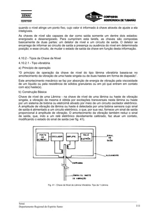 _________________________________________________________________________________________
quando o nível atinge um ponto fixo, cujo valor é informado à chave através de ajuste a ela
inteligíveis.
As chaves de nível são capazes de dar como saída somente um dentre dois estados:
energizado e desenergizado. Para cumprirem esta tarefa, as chaves são compostas
basicamente de duas partes: um detetor de nível e um circuito de saída. O detetor se
encarrega de informar ao circuito de saída a presença ou ausência do nível em determinada
posição; e esse circuito, de mudar o estado de saída da chave em função desta informação.
4.10.2 - Tipos de Chave de Nível
4.10.2.1 - Tipo vibratória
a) Princípio de operação
“O princípio de operação da chave de nível do tipo lâmina vibratória baseia-se no
amortecimento da vibração de uma haste singela ou de duas hastes em forma de diapasão”.
Este amortecimento mecânico se faz por absorção de energia de vibração pela viscosidade
de um líquido ou pela resistência de sólidos granulares ou em pó que entram em contato
com a(s) haste(s).
b) Construção Básica
Chave de nível de uma Lâmina - na chave de nível de uma lâmina ou haste de vibração
singela, a vibração da mesma é obtida por excitações transversais nesta lâmina ou haste
por um sistema de bobina ou eletroímã ativado por meio de um circuito oscilador eletrônico.
A amplitude de vibração da lâmina ou haste é detectada por uma bobina sensora cujo sinal
de saída é alimentado a um circuito eletrônico, o que, por sua vez, fornece um sinal de saída
proporcional à amplitude de vibração. O amortecimento da vibração também reduz o sinal
de saída, que, indo a um relé eletrônico devidamente calibrado, faz atuar um contato,
modificando o estado do sinal de saída (ver fig. 41).
Fig. 41 - Chave de Nível de Lâmina Vibratória. Tipo de 1 Lâmina
__________________________________________________________________________________________
Senai
Departamento Regional do Espírito Santo 111
 