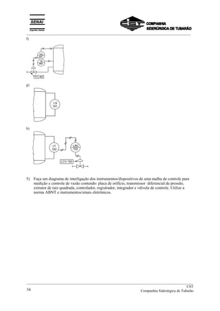 _________________________________________________________________________________________
f)
g)
h)
5) Faça um diagrama de interligação dos instrumentos/dispositivos de uma malha de controle para
medição e controle de vazão contendo: placa de orifício, transmissor diferencial de pressão,
extrator de raiz quadrada, controlador, registrador, integrador e válvula de controle. Utilize a
norma ABNT e instrumentos/sinais eletrônicos.
__________________________________________________________________________________________
CST
Companhia Siderúrgica de Tubarão34
 
