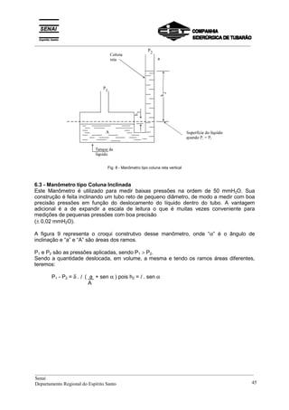 _________________________________________________________________________________________
Fig. 8 - Manômetro tipo coluna reta vertical
6.3 - Manômetro tipo Coluna Inclinada
Este Manômetro é utilizado para medir baixas pressões na ordem de 50 mmH2O. Sua
construção é feita inclinando um tubo reto de pequeno diâmetro, de modo a medir com boa
precisão pressões em função do deslocamento do líquido dentro do tubo. A vantagem
adicional é a de expandir a escala de leitura o que é muitas vezes conveniente para
medições de pequenas pressões com boa precisão
(± 0,02 mmH2O).
A figura 9 representa o croqui construtivo desse manômetro, onde “α” é o ângulo de
inclinação e “a” e “A” são áreas dos ramos.
P1 e P2 são as pressões aplicadas, sendo P1 > P2.
Sendo a quantidade deslocada, em volume, a mesma e tendo os ramos áreas diferentes,
teremos:
P1 - P2 = δ . l ( a + sen α ) pois h2 = l . sen α
A
__________________________________________________________________________________________
Senai
Departamento Regional do Espírito Santo 45
 