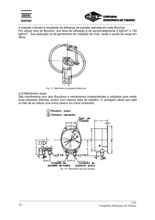 _________________________________________________________________________________________
A pressão indicada é resultante da diferença de pressão aplicada em cada Bourdon.
Por utilizar tubo de Bourdon, sua faixa de utilização é de aproximadamente 2 kgf/cm2
a 150
kgf/cm2
. Sua aplicação se dá geralmente em medição de nível, vazão e perda de carga em
filtros.
Fig. 17 - Manômetro de pressão diferencial
e.3) Manômetro duplo
São manômetros com dois Bourdons e mecanismos independentes e utilizados para medir
duas pressões distintas, porém com mesma faixa de trabalho. A vantagem deste tipo está
no fato de se utilizar uma única caixa e um único mostrador.
Fig. 18 - Manômetro tipo dos ponteiro
__________________________________________________________________________________________
CST
Companhia Siderúrgica de Tubarão52
 