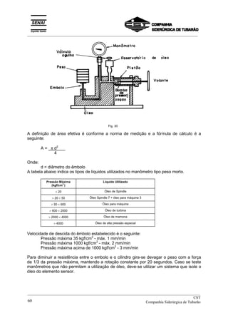 _________________________________________________________________________________________
Fig. 30
A definição de área efetiva é conforme a norma de medição e a fórmula de cálculo é a
seguinte:
A = π d2
4
Onde:
d = diâmetro do êmbolo
A tabela abaixo indica os tipos de líquidos utilizados no manômetro tipo peso morto.
Pressão Máxima
(kgf/cm2
)
Líquido Utilizado
< 20 Óleo de Spindle
> 20 < 50 Óleo Spindle 7 + óleo para máquina 3
> 50 < 600 Óleo para máquina
> 600 < 2000 Óleo de turbina
> 2000 < 4000 Óleo de mamona
> 4000 Óleo de alta pressão especial
Velocidade de descida do êmbolo estabelecido é o seguinte:
Pressão máxima 35 kgf/cm2
- máx. 1 mm/min
Pressão máxima 1000 kgf/cm2
- máx. 2 mm/min
Pressão máxima acima de 1000 kgf/cm2
- 3 mm/min
Para diminuir a resistência entre o embolo e o cilindro gira-se devagar o peso com a força
de 1/3 da pressão máxima, mantendo a rotação constante por 20 segundos. Caso se teste
manômetros que não permitam a utilização de óleo, deve-se utilizar um sistema que isole o
óleo do elemento sensor.
__________________________________________________________________________________________
CST
Companhia Siderúrgica de Tubarão60
 