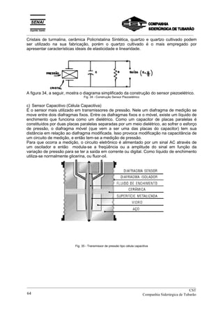_________________________________________________________________________________________
Cristais de turmalina, cerâmica Policristalina Sintética, quartzo e quartzo cultivado podem
ser utilizado na sua fabricação, porém o quartzo cultivado é o mais empregado por
apresentar características ideais de elasticidade e linearidade.
A figura 34, a seguir, mostra o diagrama simplificado da construção do sensor piezoelétrico.
Fig. 34 - Construção Sensor Piezoelétrico
c) Sensor Capacitivo (Célula Capacitiva)
É o sensor mais utilizado em transmissores de pressão. Nele um diafragma de medição se
move entre dois diafragmas fixos. Entre os diafragmas fixos e o móvel, existe um líquido de
enchimento que funciona como um dielétrico. Como um capacitor de placas paralelas é
constituídos por duas placas paralelas separadas por um meio dielétrico, ao sofrer o esforço
de pressão, o diafragma móvel (que vem a ser uma das placas do capacitor) tem sua
distância em relação ao diafragma modificada. Isso provoca modificação na capacitância de
um circuito de medição, e então tem-se a medição de pressão.
Para que ocorra a medição, o circuito eletrônico é alimentado por um sinal AC através de
um oscilador e então modula-se a freqüência ou a amplitude do sinal em função da
variação de pressão para se ter a saída em corrente ou digital. Como líquido de enchimento
utiliza-se normalmente glicerina, ou fluor-oil.
Fig. 35 - Transmissor de pressão tipo célula capacitiva
__________________________________________________________________________________________
CST
Companhia Siderúrgica de Tubarão64
 