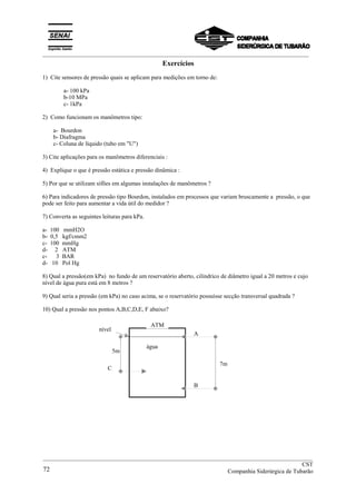 _________________________________________________________________________________________
Exercícios
1) Cite sensores de pressão quais se aplicam para medições em torno de:
a- 100 kPa
b-10 MPa
c- 1kPa
2) Como funcionam os manômetros tipo:
a- Bourdon
b- Diafragma
c- Coluna de líquido (tubo em "U")
3) Cite aplicações para os manômetros diferenciais :
4) Explique o que é pressão estática e pressão dinâmica :
5) Por que se utilizam sifões em algumas instalações de manômetros ?
6) Para indicadores de pressão tipo Bourdon, instalados em processos que variam bruscamente a pressão, o que
pode ser feito para aumentar a vida útil do medidor ?
7) Converta as seguintes leituras para kPa.
a- 100 mmH2O
b- 0,5 kgf/cmm2
c- 100 mmHg
d- 2 ATM
c- 3 BAR
d- 10 Pol Hg
8) Qual a pressão(em kPa) no fundo de um reservatório aberto, cilíndrico de diâmetro igual a 20 metros e cujo
nível de água pura está em 8 metros ?
9) Qual seria a pressão (em kPa) no caso acima, se o reservatório possuísse secção transversal quadrada ?
10) Qual a pressão nos pontos A,B,C,D,E, F abaixo?
7m
água
nível
A
B
ATM
5m
C
__________________________________________________________________________________________
CST
Companhia Siderúrgica de Tubarão72
 
