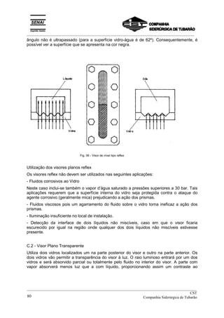 _________________________________________________________________________________________
ângulo não é ultrapassado (para a superfície vidro-água é de 62º). Consequentemente, é
possível ver a superfície que se apresenta na cor negra.
Fig. 06 - Visor de nível tipo reflex
Utilização dos visores planos reflex
Os visores reflex não devem ser utilizados nas seguintes aplicações:
- Fluidos corrosivos ao Vidro
Neste caso inclui-se também o vapor d’água saturado a pressões superiores a 30 bar. Tais
aplicações requerem que a superfície interna do vidro seja protegida contra o ataque do
agente corrosivo (geralmente mica) prejudicando a ação dos prismas.
- Fluidos viscosos pois um agarramento do fluido sobre o vidro torna ineficaz a ação dos
prismas.
- Iluminação insuficiente no local de instalação.
- Detecção da interface de dois líquidos não miscíveis, caso em que o visor ficaria
escurecido por igual na região onde qualquer dos dois líquidos não miscíveis estivesse
presente.
C.2 - Visor Plano Transparente
Utiliza dois vidros localizados um na parte posterior do visor e outro na parte anterior. Os
dois vidros vão permitir a transparência do visor à luz. O raio luminoso entrará por um dos
vidros e será absorvido parcial ou totalmente pelo fluido no interior do visor. A parte com
vapor absorverá menos luz que a com líquido, proporcionando assim um contraste ao
__________________________________________________________________________________________
CST
Companhia Siderúrgica de Tubarão80
 