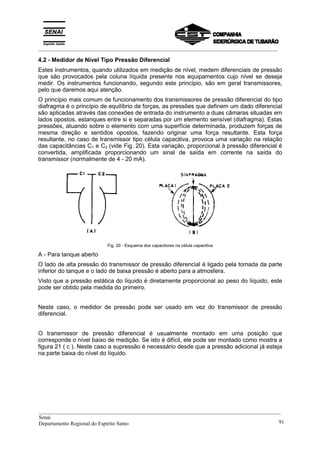 _________________________________________________________________________________________
4.2 - Medidor de Nível Tipo Pressão Diferencial
Estes instrumentos, quando utilizados em medição de nível, medem diferenciais de pressão
que são provocados pela coluna líquida presente nos equipamentos cujo nível se deseja
medir. Os instrumentos funcionando, segundo este princípio, são em geral transmissores,
pelo que daremos aqui atenção.
O princípio mais comum de funcionamento dos transmissores de pressão diferencial do tipo
diafragma é o princípio de equilíbrio de forças, as pressões que definem um dado diferencial
são aplicadas através das conexões de entrada do instrumento a duas câmaras situadas em
lados opostos, estanques entre si e separadas por um elemento sensível (diafragma). Estas
pressões, atuando sobre o elemento com uma superfície determinada, produzem forças de
mesma direção e sentidos opostos, fazendo originar uma força resultante. Esta força
resultante, no caso de transmissor tipo célula capacitiva, provoca uma variação na relação
das capacitâncias C1 e C2 (vide Fig. 20). Esta variação, proporcional à pressão diferencial é
convertida, amplificada proporcionando um sinal de saída em corrente na saída do
transmissor (normalmente de 4 - 20 mA).
Fig. 20 - Esquema dos capacitores na célula capacitiva
A - Para tanque aberto
O lado de alta pressão do transmissor de pressão diferencial é ligado pela tomada da parte
inferior do tanque e o lado de baixa pressão é aberto para a atmosfera.
Visto que a pressão estática do líquido é diretamente proporcional ao peso do líquido, este
pode ser obtido pela medida do primeiro.
Neste caso, o medidor de pressão pode ser usado em vez do transmissor de pressão
diferencial.
O transmissor de pressão diferencial é usualmente montado em uma posição que
corresponde o nível baixo de medição. Se isto é difícil, ele pode ser montado como mostra a
figura 21 ( c ). Neste caso a supressão é necessário desde que a pressão adicional já esteja
na parte baixa do nível do líquido.
__________________________________________________________________________________________
Senai
Departamento Regional do Espírito Santo 91
 