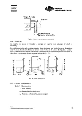 _________________________________________________________________________________________
Fig. 25 - Nível de Tanque fechado com condensador
4.2.4 - Instalação
Na maioria dos casos é instalado no campo um suporte para tubulação (vertical ou
horizontal).
Seu posicionamento na linha de processos depende quase que exclusivamente da variável
a ser medida. Existem instalações típicas para medições de vazão de líquidos, gases e
vapor. Para medições de nível, devem ser consideradas as colunas de pressão atuantes no
transmissor no momento do seu ajuste e calibração (fig. 26).
Fig. 26 - Tipos de Instalação
4.2.5 - Cálculos para calibração
Onde: 1 - Nível máximo
2 - Nível mínimo
δ1 - Peso específico de líquido
δ2 - Peso específico do líquido de selagem
__________________________________________________________________________________________
Senai
Departamento Regional do Espírito Santo 95
 
