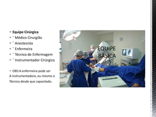  Equipe Cirúrgica
 ˉ Médico Cirurgião
 ˉ Anestesista
 ˉ Enfermeira
 ˉ Técnico de Enfermagem
 ˉ Instrumentador Cirúrgico
 OBS:A enfermeira pode ser
A instrumentadora, ou mesmo o
Técnico desde que capacitado.
 