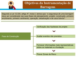 Objetivos da Instrumentação de
Barragens
Segundo a Lei 12.334, artigo 4º, inciso I, temos que: “a segurança de uma barragem
deve ser considerada nas suas fases de planejamento, projeto, construção, primeiro
enchimento, primeiro vertimento, operação, desativação e de usos futuros”.
Fase de Construção
Verificação das hipóteses de projeto
Fornecer informações mais representativas
sobre os materiais e a fundação
Avaliar eventos não previstos
Prever Zonas de Risco
 