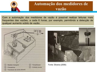 Automação dos medidores de
vazão
Com a automação dos medidores de vazão é possível realizar leituras mais
frequentes das vazões, a cada 6 horas, por exemplo, permitindo a detecção de
qualquer aumento súbito de vazão.
Fonte: Silveira (2006)
 