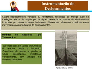 Instrumentação de
Deslocamentos
Sejam deslocamentos verticais ou horizontais, recalques do maciço e/ou da
fundação, trincas de tração por recalque diferencial ou trincas de cisalhamento
induzidas por deslocamentos horizontais diferenciais, devemos monitorar estes
movimentos com medidores de deslocamentos.
Medidor de Recalque Tipo
Telescópico
São instalados em várias profundidas
do maciço, desde a fundação.
Constituem de placas acopladas a
tubos telescópicos instalados
verticalmente, com variação no
diâmetro dos tubos.
Fonte: Silveira (2006)
 
