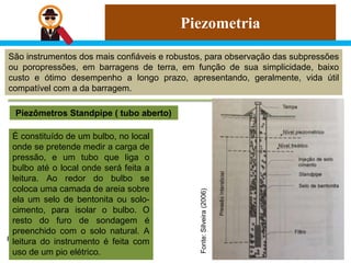 Piezometria
São instrumentos dos mais confiáveis e robustos, para observação das subpressões
ou poropressões, em barragens de terra, em função de sua simplicidade, baixo
custo e ótimo desempenho a longo prazo, apresentando, geralmente, vida útil
compatível com a da barragem.
Piezômetros Standpipe ( tubo aberto)
Fonte: Silveira (2006)
É constituído de um bulbo, no local
onde se pretende medir a carga de
pressão, e um tubo que liga o
bulbo até o local onde será feita a
leitura. Ao redor do bulbo se
coloca uma camada de areia sobre
ela um selo de bentonita ou solo-
cimento, para isolar o bulbo. O
resto do furo de sondagem é
preenchido com o solo natural. A
leitura do instrumento é feita com
uso de um pio elétrico.
Fonte:
Silveira
(2006)
 