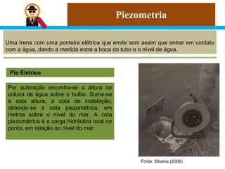 Piezometria
Uma trena com uma ponteira elétrica que emite som assim que entrar em contato
com a água, dando a medida entre a boca do tubo e o nível de água.
Pio Elétrico
Por subtração encontra-se a altura de
coluna de água sobre o bulbo. Soma-se
a esta altura, a cota de instalação,
obtendo-se a cota piezométrica, em
metros sobre o nível do mar. A cota
piezométrica é a carga hidráulica total no
ponto, em relação ao nível do mar.
Fonte: Silveira (2006)
 