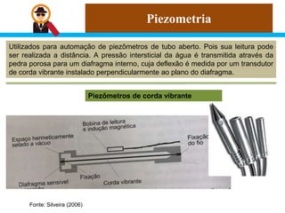 Piezometria
Utilizados para automação de piezômetros de tubo aberto. Pois sua leitura pode
ser realizada a distância. A pressão intersticial da água é transmitida através da
pedra porosa para um diafragma interno, cuja deflexão é medida por um transdutor
de corda vibrante instalado perpendicularmente ao plano do diafragma.
Piezômetros de corda vibrante
Fonte: Silveira (2006)
 