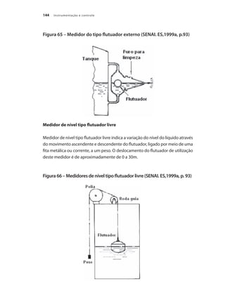 Instrumentação e controle144
Figura 65 – Medidor do tipo flutuador externo (SENAI. ES,1999a, p.93)
Medidor de nível tipo flutuador livre
Medidor de nível tipo flutuador livre indica a variação do nível do líquido através
do movimento ascendente e descendente do flutuador, ligado por meio de uma
fita metálica ou corrente, a um peso. O deslocamento do flutuador de utilização
deste medidor é de aproximadamente de 0 a 30m.
Figura 66 – Medidores de nível tipo flutuador livre (SENAI. ES,1999a, p. 93)
 