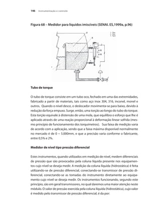 Instrumentação e controle146
Figura 68 – Medidor para líquidos imiscíveis (SENAI. ES,1999a, p.96)
Tubo de torque
O tubo de torque consiste em um tubo oco, fechado em uma das extremidades,
fabricado a partir de materiais, tais como aço inox 304, 316, inconel, monel e
outros. Quando o nível desce, o deslocador movimenta-se para baixo, devido à
redução da força empuxo. Surge, então, uma torção ao longo do tubo do torque.
Esta torção equivale à distensão de uma mola, que equilibra o esforço que lhe é
aplicado através de uma reação proporcional à deformação linear sofrida (mes-
mo princípio de funcionamento dos torquímetros). Sua faixa de medição varia
de acordo com a aplicação, sendo que a faixa máxima disponível normalmente
no mercado é de 0 ~ 5.000mm, e que a precisão varia conforme o fabricante,
entre 0,5% e 2%.
Medidor de nível tipo pressão diferencial
Estes instrumentos, quando utilizados em medição de nível, medem diferenciais
de pressão que são provocados pela coluna líquida presente nos equipamen-
tos cujo nível se deseja medir. A medição da coluna líquida (hidrostática) é feita
utilizando-se de pressão diferencial, conectando-se transmissor de pressão di-
ferencial, conectando-se as tomadas do instrumento diretamente ao equipa-
mento cujo nível se deseja medir. Os instrumentos funcionando, segundo este
princípio, são em geral transmissores, no qual daremos uma maior atenção neste
módulo. O valor de pressão exercida pela coluna líquida (hidrostática), cujo valor
é medido pelo transmissor de pressão diferencial, é da por:
 