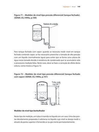 149Capítulo 7 – Nível
Figura 71 – Medidor de nível tipo pressão diferencial (tanque fechado).
(SENAI. ES,1999a, p.100)
Para tanque fechado com vapor: quando se necessita medir nível em tanque
fechado contendo vapor, se faz necessário preencher a tomada de alta pressão
com um líquido (normalmente água) para evitar que se forme uma coluna de
água nesta tomada devido à existência de condensado que se acumularia nela
e provocaria medição falsa. Neste caso, deve-se fazer a correção do efeito desta
coluna, como mostra a Figura 72.
Figura 72 – Medidor de nível tipo pressão diferencial (tanque fechado
com vapor) (SENAI. ES,1999a, p.101)
Medidor de nível tipo borbulhador
Neste tipo de medição, um tubo é inserido no líquido em um vaso. Uma das pon-
tas devidamente preparada é submersa no líquido cujo nível se deseja medir e
através da ponta superior é fornecido ar ou gás inerte permanentemente.
 