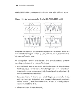Instrumentação e controle198
Graficamente temos as situações que podem ser vistas pelos gráficos a seguir.
Figura 100 – Variação do ganho Kc x Ku (SENAI. ES, 1999, p. 60)
O método de tentativa e erro tem a desvantagem de utilizar muito tempo se o
número de tentativas para otimizar KC
, Ti
e Td
for muito grande, ou se a dinâmica
do processo for muito lenta.
Os testes podem ser muito caros devido à baixa produtividade ou qualidade
ruim do produto durante os mesmos. Atente para:
•	 	 O ciclo contínuo pode ser dificultado, pois o processo está no limite da estabi-
lidade e qualquer perturbação ou alteração no processo pode ocorrer duran-
te a sintonia e causar uma operação instável ou perigosa (exemplo: disparo da
temperatura de um reator químico).
•	 	 Este procedimento de sintonia não é aplicável a processos em malha aberta,
pois estes processos são instáveis tanto com valores baixos de KC
como para
valores altos de KC
. A estabilidade em malha fechada só é conseguida para
valores intermediários de KC
.
•	 	 Alguns processos simples não têm KCu
.
 