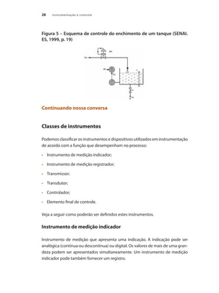 Instrumentação e controle28
Figura 5 – Esquema de controle do enchimento de um tanque (SENAI.
ES, 1999, p. 19)
Continuando nossa conversa
Classes de instrumentos
Podemos classificar os instrumentos e dispositivos utilizados em instrumentação
de acordo com a função que desempenham no processo:
•	 	 Instrumento de medição indicador;
•	 	 Instrumento de medição registrador;
•	 	 Transmissor;
•	 	 Transdutor;
•	 	 Controlador;
•	 	 Elemento final de controle.
Veja a seguir como poderão ser definidos estes instrumentos.
Instrumento de medição indicador
Instrumento de medição que apresenta uma indicação. A indicação pode ser
analógica (contínua ou descontínua) ou digital. Os valores de mais de uma gran-
deza podem ser apresentados simultaneamente. Um instrumento de medição
indicador pode também fornecer um registro.
 