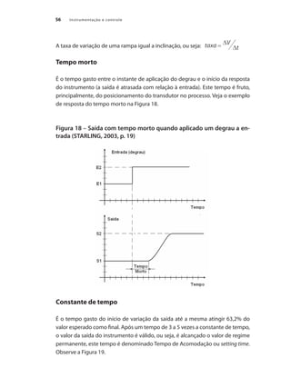 Instrumentação e controle56
A taxa de variação de uma rampa igual a inclinação, ou seja:
Tempo morto
É o tempo gasto entre o instante de aplicação do degrau e o início da resposta
do instrumento (a saída é atrasada com relação à entrada). Este tempo é fruto,
principalmente, do posicionamento do transdutor no processo. Veja o exemplo
de resposta do tempo morto na Figura 18.
Figura 18 – Saída com tempo morto quando aplicado um degrau a en-
trada (STARLING, 2003, p. 19)
Constante de tempo
É o tempo gasto do início de variação da saída até a mesma atingir 63,2% do
valor esperado como final. Após um tempo de 3 a 5 vezes a constante de tempo,
o valor da saída do instrumento é válido, ou seja, é alcançado o valor de regime
permanente, este tempo é denominado Tempo de Acomodação ou setting time.
Observe a Figura 19.
 