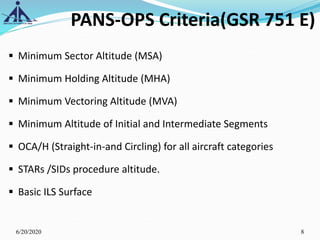  Minimum Sector Altitude (MSA)
 Minimum Holding Altitude (MHA)
 Minimum Vectoring Altitude (MVA)
 Minimum Altitude of Initial and Intermediate Segments
 OCA/H (Straight-in-and Circling) for all aircraft categories
 STARs /SIDs procedure altitude.
 Basic ILS Surface
6/20/2020 8
PANS-OPS Criteria(GSR 751 E)
 