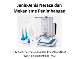 Jenis-Jenis Neraca dan
Mekanisme Penimbangan
D-IV Analis Kesehatan, Fakultas Kesehatan-UNUSA
By: Ersalina Nidianti S.Si., M.Si
 