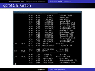 Instrumentation Tools Demonstrations Questions   Non-Linux Linux Interesting

gprof Call Graph




                                       Ian Munsie   Linux Instrumentation
 