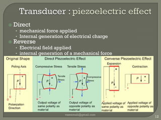 Transducer : piezoelectric effectDirectmechanical force appliedInternal generation of electrical chargeReverseElectrical field appliedinternal generation of a mechanical forcevaseemali@gmail.com12