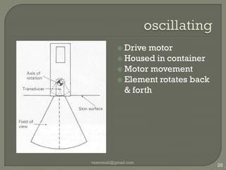 Mechanical  transducersObsoletePhysically moved for beam steeringUsed in 3D 4DTypes Rotary wheelOscillating transducerOscillating mirrorvaseemali@gmail.com23Diagnostic Ultrasound: Physics and Equipment edited by Peter R. Hoskins, Kevin Martin, Abigail Thrush
