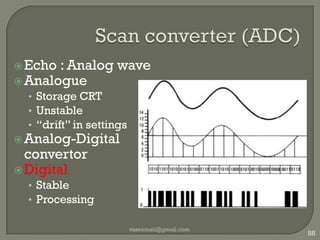 Power Not the same as gainEnergy transferred to tissuesMore power : more tissue damageMeasured in watts/cm2ALARA : as low as reasonably allowableMore than 8 W/cm2 : therapeuticAIUM guidelines(SATA,SPTP)Doppler : excessive power levelsUse less powerQuick examinationvaseemali@gmail.com80