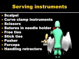    Scalpel
   Curve clamp instruments
   Scissors
   Sutures in needle holder
   Free ties
   Stick ties
   Pusher
   Forceps
   Handling retractors
 