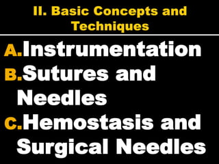 A.Instrumentation
B.Sutures and
 Needles
C.Hemostasis and
 Surgical Needles
 
