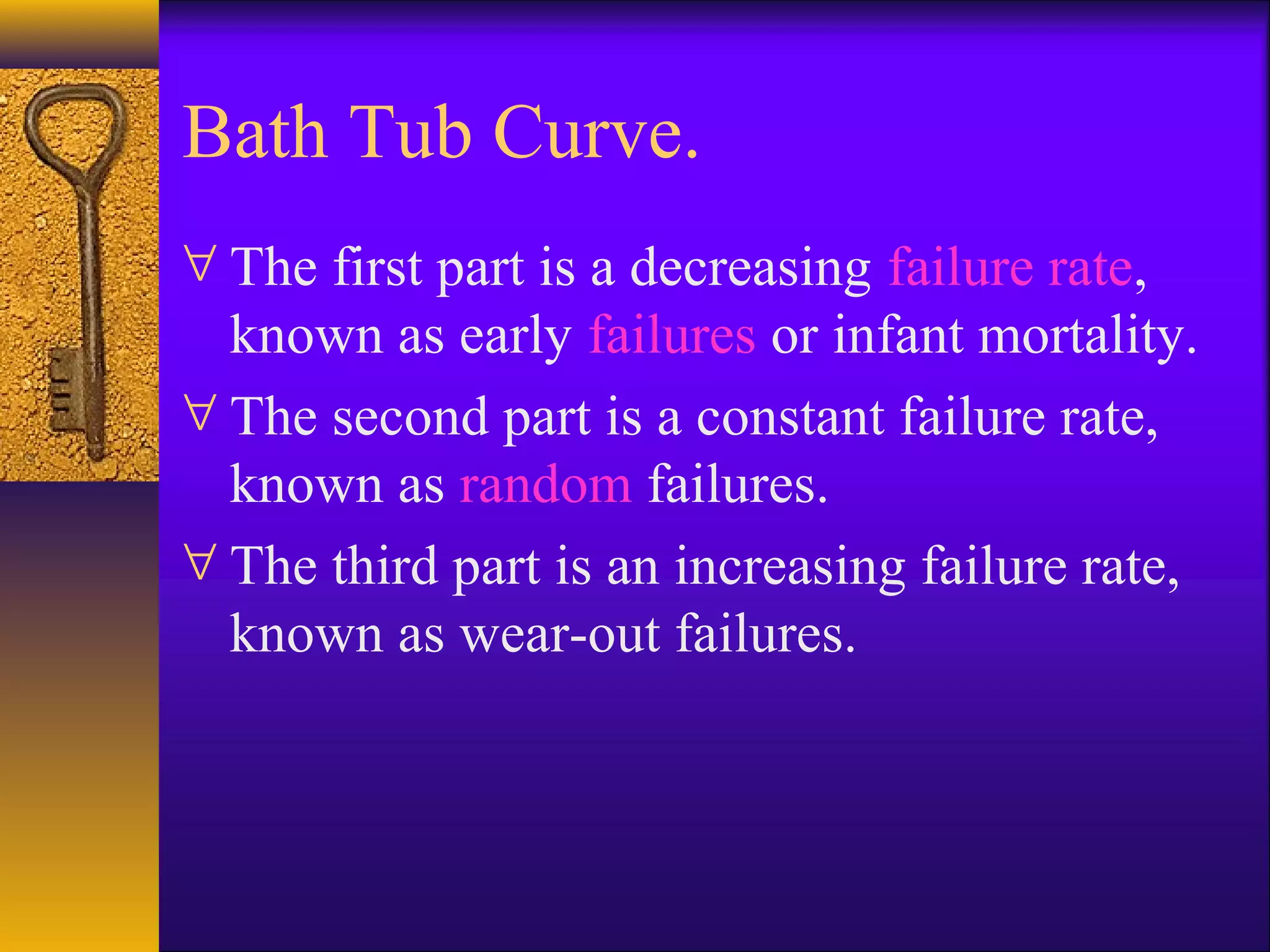Bath Tub Curve.
∀ The first part is a decreasing failure rate,
known as early failures or infant mortality.
∀ The second part is a constant failure rate,
known as random failures.
∀ The third part is an increasing failure rate,
known as wear-out failures.
 