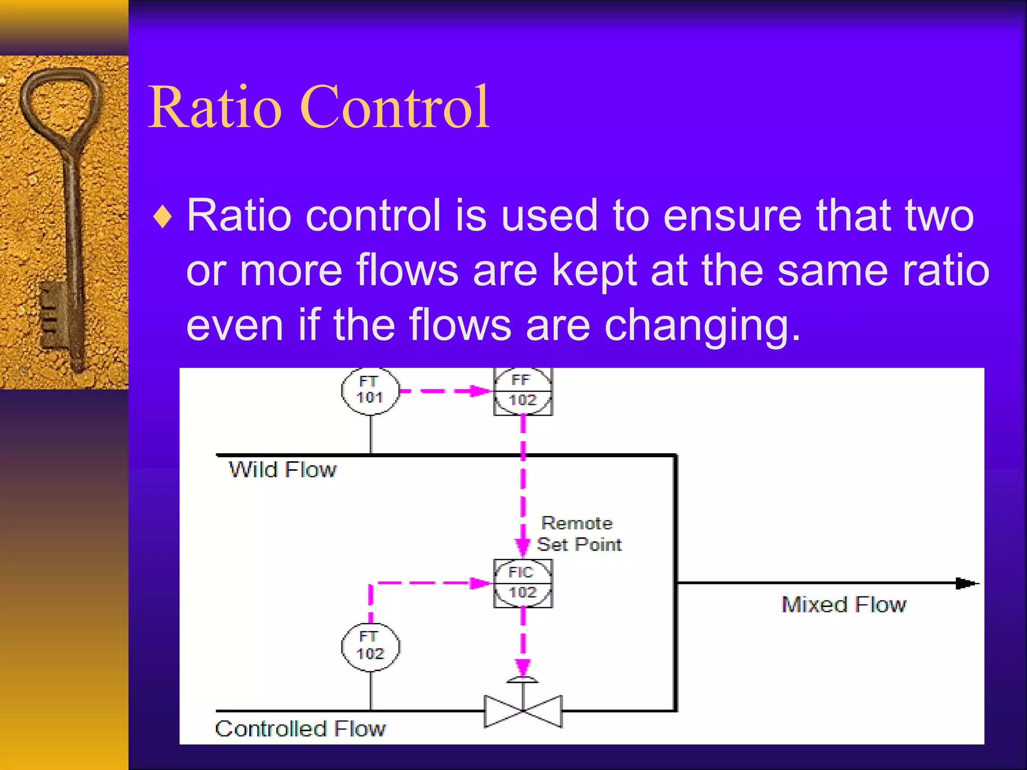 Ratio Control
♦ Ratio control is used to ensure that two
or more flows are kept at the same ratio
even if the flows are changing.
 