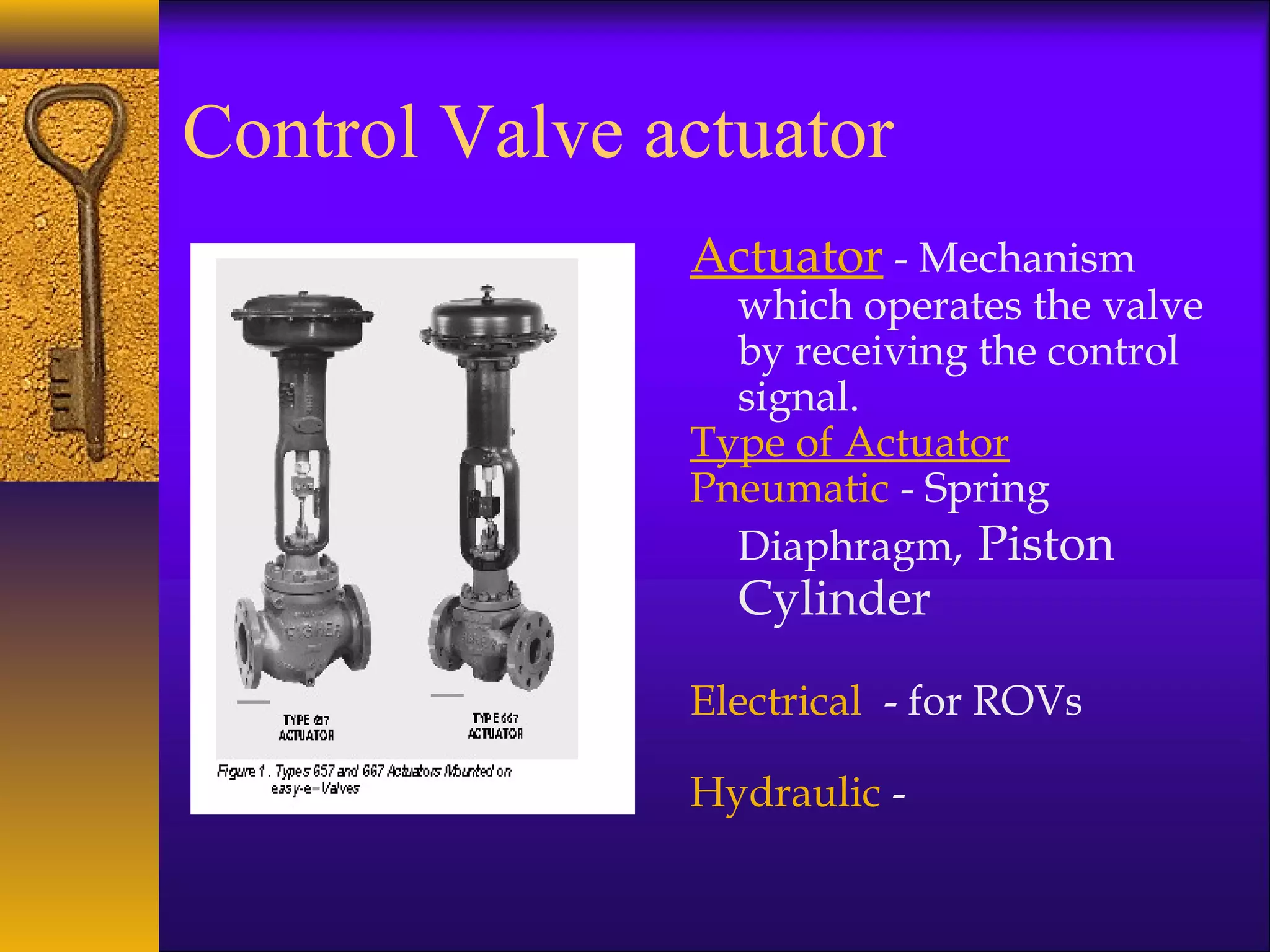Control Valve actuator
Actuator - Mechanism
which operates the valve
by receiving the control
signal.
Type of Actuator
Pneumatic - Spring
Diaphragm, Piston
Cylinder
Electrical - for ROVs
Hydraulic -
 