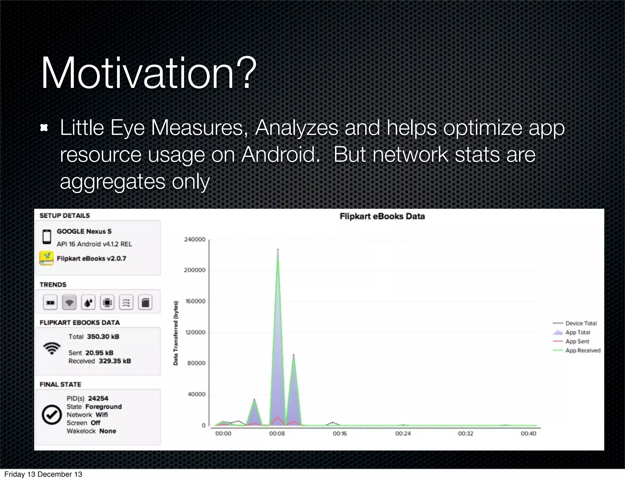 Motivation?
Little Eye Measures, Analyzes and helps optimize app
resource usage on Android. But network stats are
aggregates only

Friday 13 December 13

 