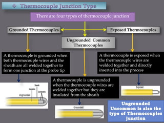 There are four types of thermocouple junction
A thermocouple is grounded when
both thermocouple wires and the
sheath are all welded together to
form one junction at the probe tip
A thermocouple is ungrounded
when the thermocouple wires are
welded together but they are
insulated from the sheath
A thermocouple is exposed when
the thermocouple wires are
welded together and directly
inserted into the process
 