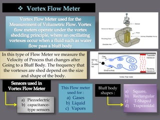 In this type of Flow Meter we measure the
Velocity of Process that changes after
Going to a Bluff Body. The frequency that
the vortexes are shed depend on the size
and shape of the body.
a) Piezoelectric
b) capacitance-
type sensors
This Flow meter
used for :
a) Gases
b) Liquid
c) Vapors
Bluff body
shapes : a) Square,
b) Rectangular
c) T-Shaped
d) Trapezoidal
 