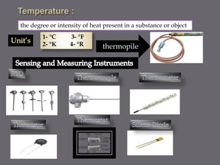 the degree or intensity of heat present in a substance or object
1- °C 3- °F
2- °K 4- °R thermopile
 