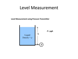 Level Measurement
Level Measurement using Pressure Transmitter
P = ρgh
 