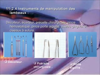 11-2.4.Instruments de manipulation des11-2.4.Instruments de manipulation des
lambeaux :lambeaux :
Décolleur, écarteur, précelle chirurgicale, pinceDécolleur, écarteur, précelle chirurgicale, pince
hémostatique, pince porte aiguille, ciseau gingival ethémostatique, pince porte aiguille, ciseau gingival et
ciseaux à suture.ciseaux à suture.
 Décolleur .
 Précelle
chirurgicale .
 Porte
aiguille .
 