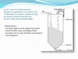 Level / Laser Level Measurement:
Operates on a principle very similar to that
of ultrasonic level sensors. Instead of using
the speed of sound to find the level,
however, they use the speed of light.
Characteristics:
- No beam spread, can be targeted on a point
- Good for bulk, slurry and opaque fluids
-Accurate even in vapor and foam environments
- Very Expensive
 