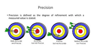 Precision
• Precision is defined as the degree of refinement with which a
measured value is stated.
 