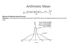 Arithmetic Mean
Measure of dispersion about the mean
Dispersion : the property which denotes the extent to which the values are dispersed about the mean central
value
 