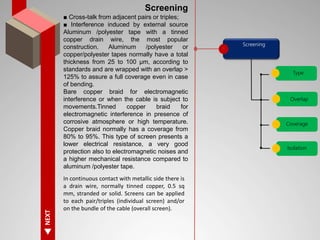 NEXT
Screening
■ Cross-talk from adjacent pairs or triples;
■ Interference induced by external source
Aluminum /polyester tape with a tinned
copper drain wire, the most popular
construction. Aluminum /polyester or
copper/polyester tapes normally have a total
thickness from 25 to 100 μm, according to
standards and are wrapped with an overlap >
125% to assure a full coverage even in case
of bending.
Bare copper braid for electromagnetic
interference or when the cable is subject to
movements.Tinned copper braid for
electromagnetic interference in presence of
corrosive atmosphere or high temperature.
Copper braid normally has a coverage from
80% to 95%. This type of screen presents a
lower electrical resistance, a very good
protection also to electromagnetic noises and
a higher mechanical resistance compared to
aluminum /polyester tape.
Screening
Type
Overlap
Coverage
Isolation
In continuous contact with metallic side there is
a drain wire, normally tinned copper, 0.5 sq
mm, stranded or solid. Screens can be applied
to each pair/triples (individual screen) and/or
on the bundle of the cable (overall screen).
 