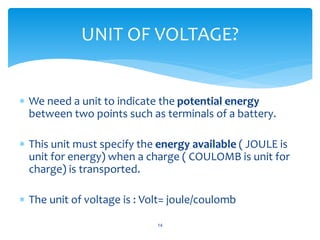  We need a unit to indicate the potential energy
between two points such as terminals of a battery.
 This unit must specify the energy available ( JOULE is
unit for energy) when a charge ( COULOMB is unit for
charge) is transported.
 The unit of voltage is : Volt= joule/coulomb
14
UNIT OF VOLTAGE?
 