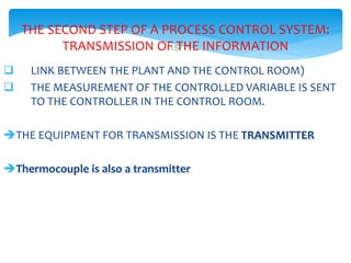 157
THE SECOND STEP OF A PROCESS CONTROL SYSTEM:
TRANSMISSION OF THE INFORMATION
 LINK BETWEEN THE PLANT AND THE CONTROL ROOM)
 THE MEASUREMENT OF THE CONTROLLED VARIABLE IS SENT
TO THE CONTROLLER IN THE CONTROL ROOM.
THE EQUIPMENT FOR TRANSMISSION IS THE TRANSMITTER
Thermocouple is also a transmitter
 