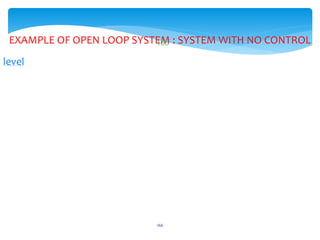 EXAMPLE OF OPEN LOOP SYSTEM : SYSTEM WITH NO CONTROL
level
LISTEN..LEARN..THINK..ENJOY YOURSELF
166
166
 