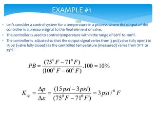 EXAMPLE #1
 Let’s consider a control system for a temperature in a process where the output of the
controller is a pressure signal to the final element or valve.
 The controller is used to control temperature within the range of 600F to 1000F.
 The controller is adjusted so that the output signal varies from 3 psi (valve fully open) to
15 psi (valve fully closed) as the controlled temperature (measured) varies from 710F to
750F.
Fpsi
FF
psipsip
Kcp
0
00
/3
)7175(
)315(








%10100.
)60100(
)7175(
00
00




FF
FF
PB
LISTEN..LEARN..THINK..ENJOY YOURSELF
199
 
